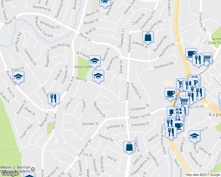 map of restaurants, bars, coffee shops, grocery stores, and more near 13801 Eastland Street in Rockville
