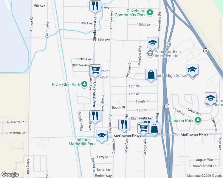 map of restaurants, bars, coffee shops, grocery stores, and more near 4429 Ardmore Avenue in Olivehurst