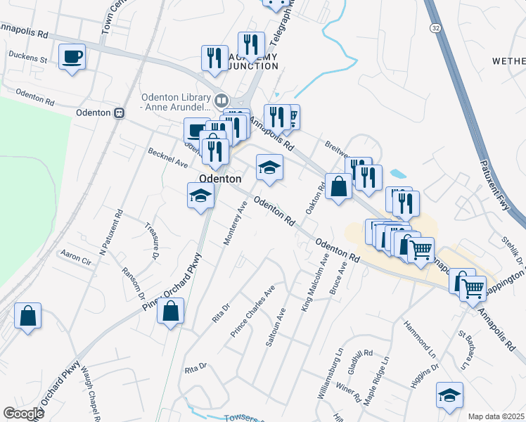 map of restaurants, bars, coffee shops, grocery stores, and more near 1293 Odenton Road in Odenton