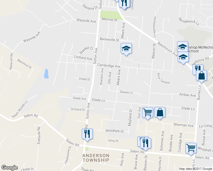 map of restaurants, bars, coffee shops, grocery stores, and more near 1605 Clio Avenue in Cincinnati