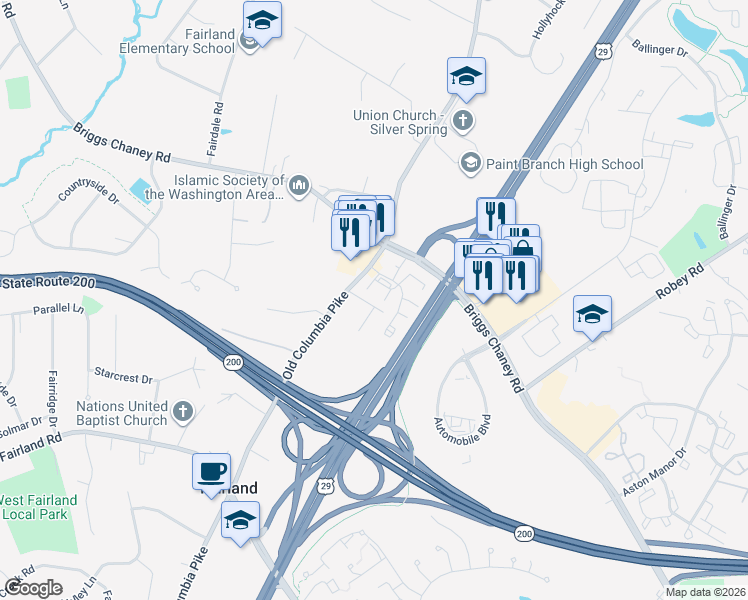 map of restaurants, bars, coffee shops, grocery stores, and more near 2907 Shepperton Terrace in Silver Spring