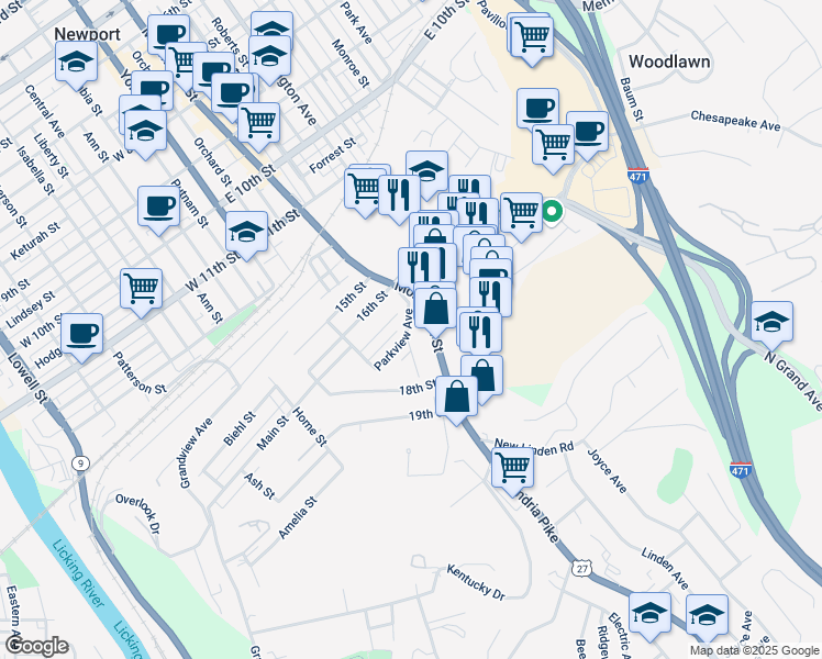 map of restaurants, bars, coffee shops, grocery stores, and more near 17 Parkview Avenue in Newport