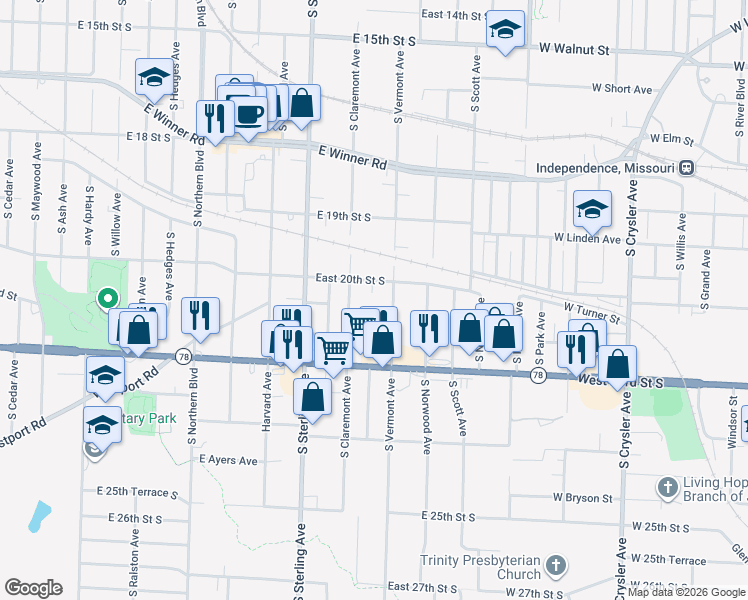 map of restaurants, bars, coffee shops, grocery stores, and more near 11325 East 20th Terrace South in Independence