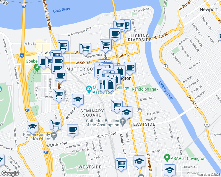 map of restaurants, bars, coffee shops, grocery stores, and more near 727 Madison Avenue in Covington