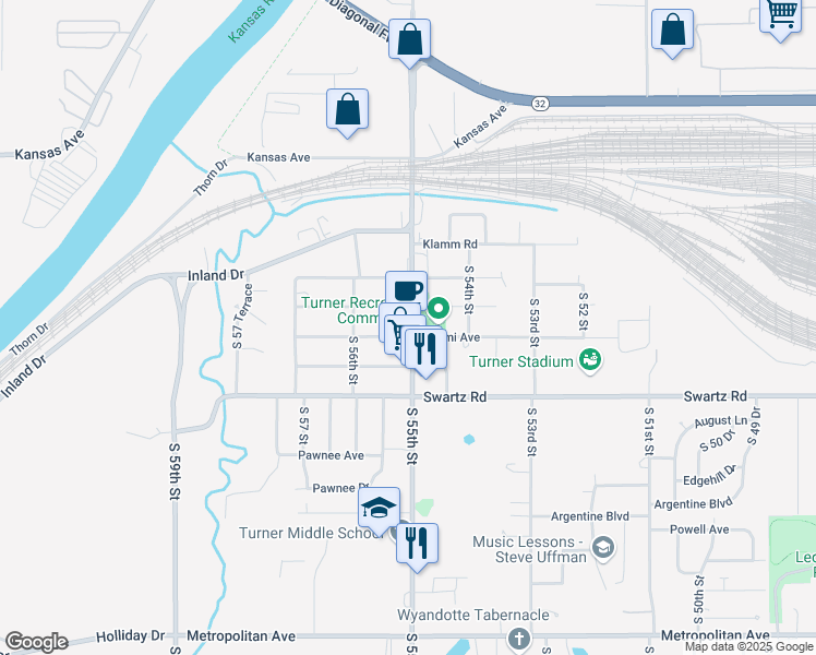 map of restaurants, bars, coffee shops, grocery stores, and more near 840 South 55th Street in Kansas City