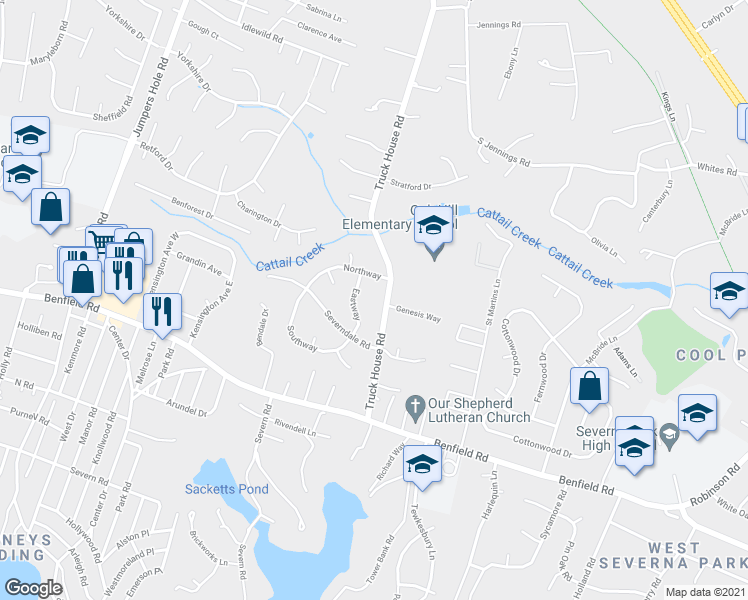 map of restaurants, bars, coffee shops, grocery stores, and more near 31 Truck House Road in Severna Park