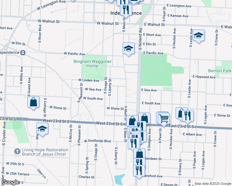 map of restaurants, bars, coffee shops, grocery stores, and more near 917 South Liberty Street in Independence