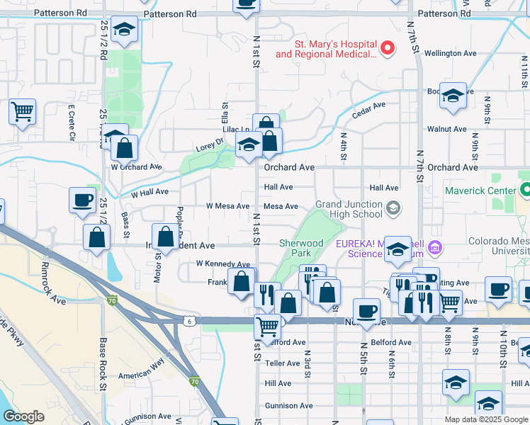 map of restaurants, bars, coffee shops, grocery stores, and more near 131 Mesa Ave in Grand Junction