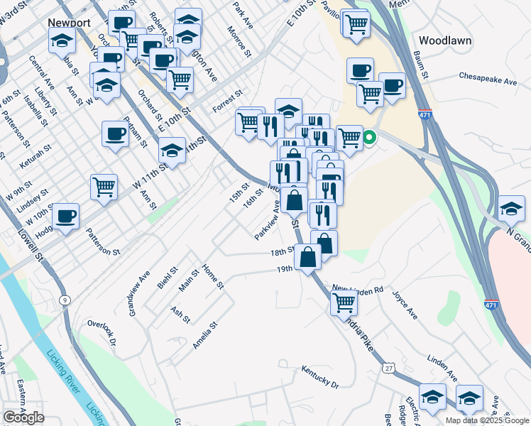 map of restaurants, bars, coffee shops, grocery stores, and more near 30 17th Street in Newport