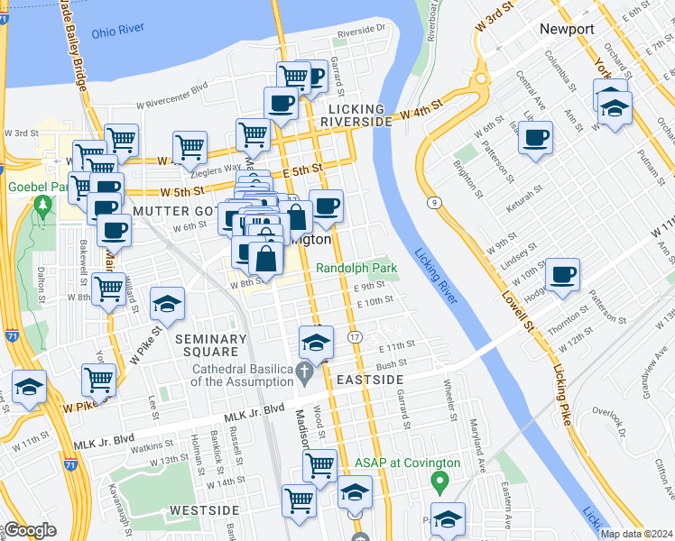 map of restaurants, bars, coffee shops, grocery stores, and more near 125 East 8th Street in Covington