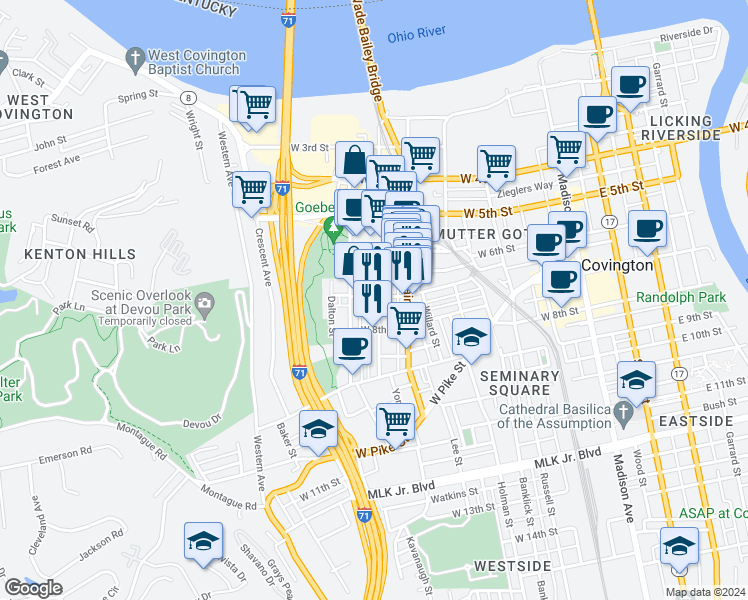 map of restaurants, bars, coffee shops, grocery stores, and more near 701 Bakewell Street in Covington