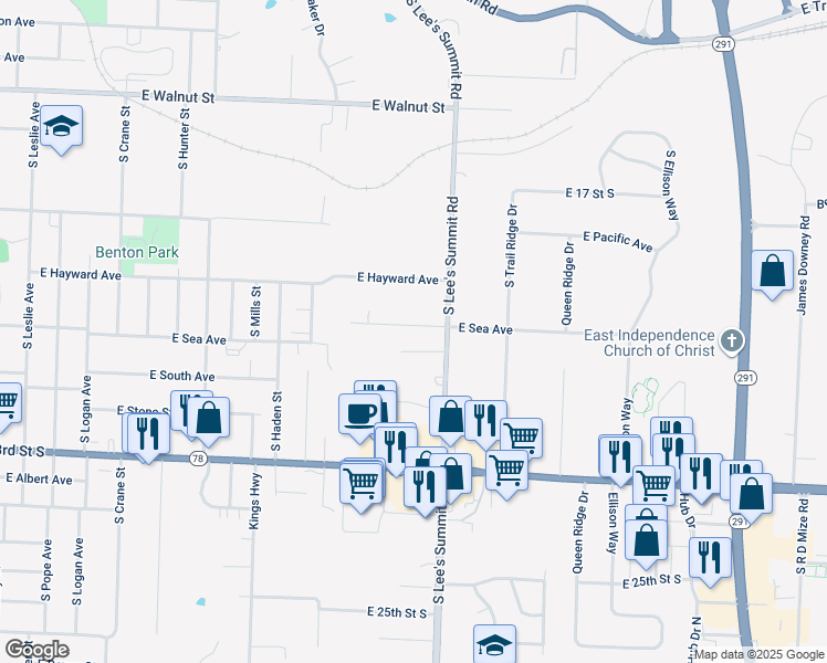 map of restaurants, bars, coffee shops, grocery stores, and more near 1525 East Sea Avenue in Independence