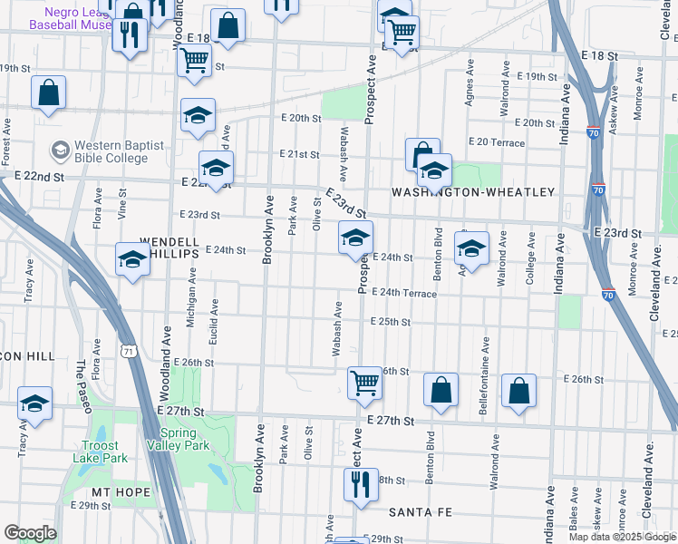 map of restaurants, bars, coffee shops, grocery stores, and more near 2422 Olive Street in Kansas City
