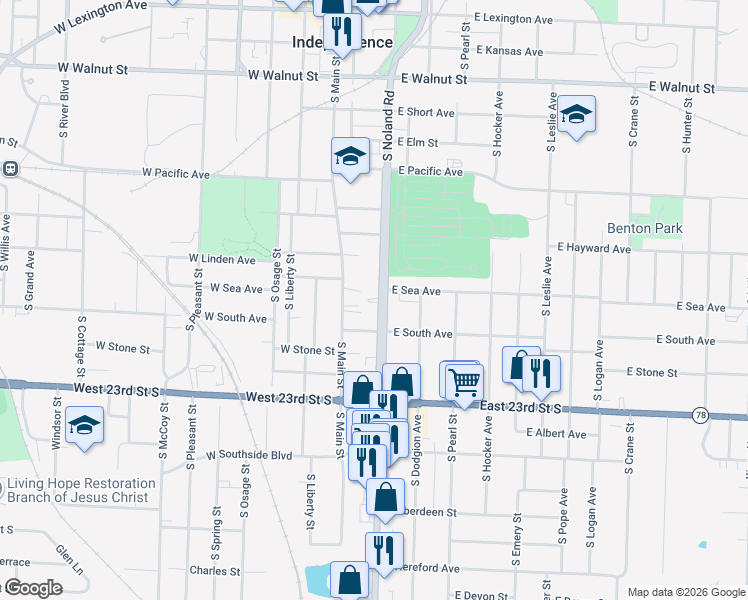 map of restaurants, bars, coffee shops, grocery stores, and more near 906 South Noland Road in Independence