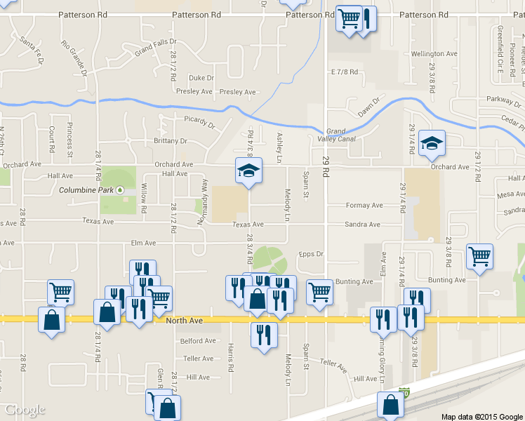 map of restaurants, bars, coffee shops, grocery stores, and more near 2881 Mesa Avenue in Grand Junction