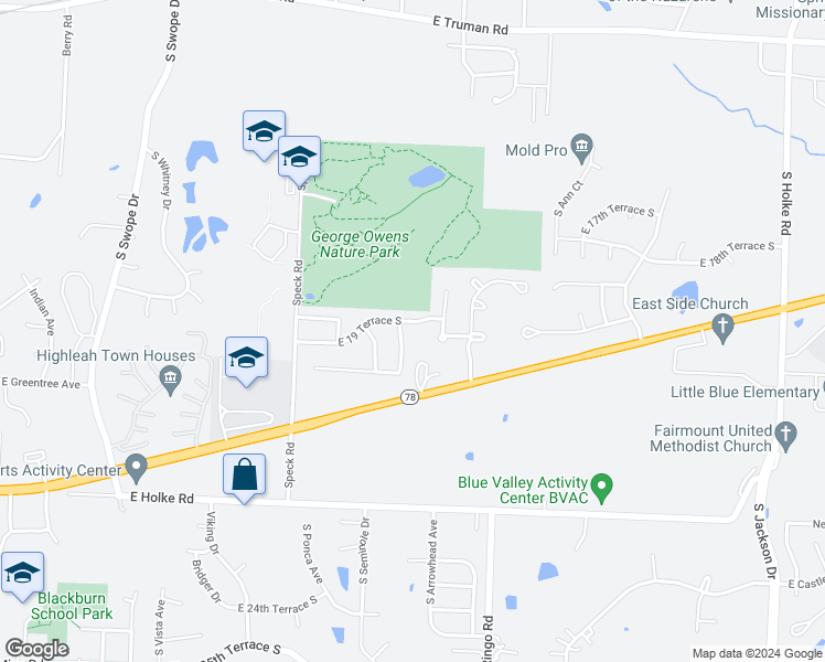 map of restaurants, bars, coffee shops, grocery stores, and more near 18707 East 19 Terrace South in Independence