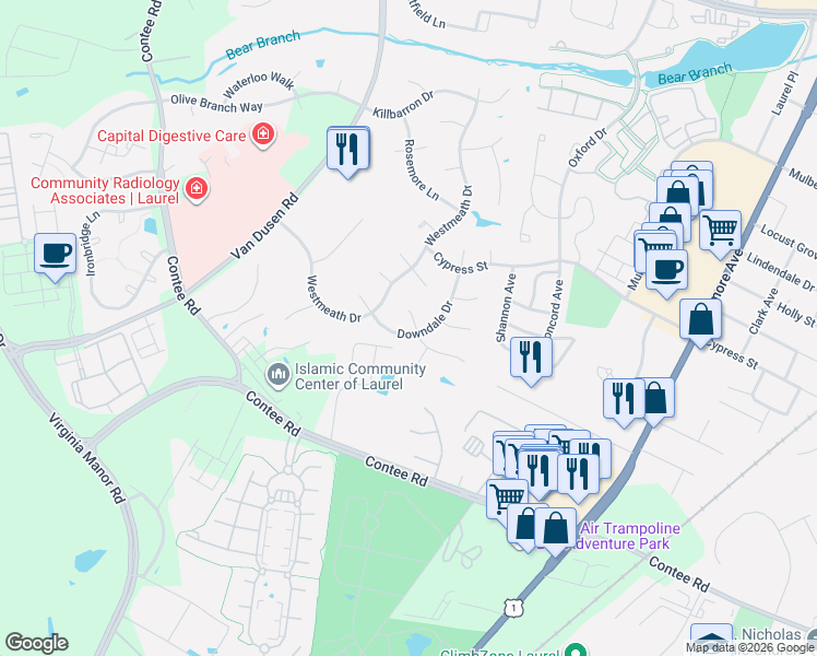 map of restaurants, bars, coffee shops, grocery stores, and more near 14002 Fernie Field in Laurel