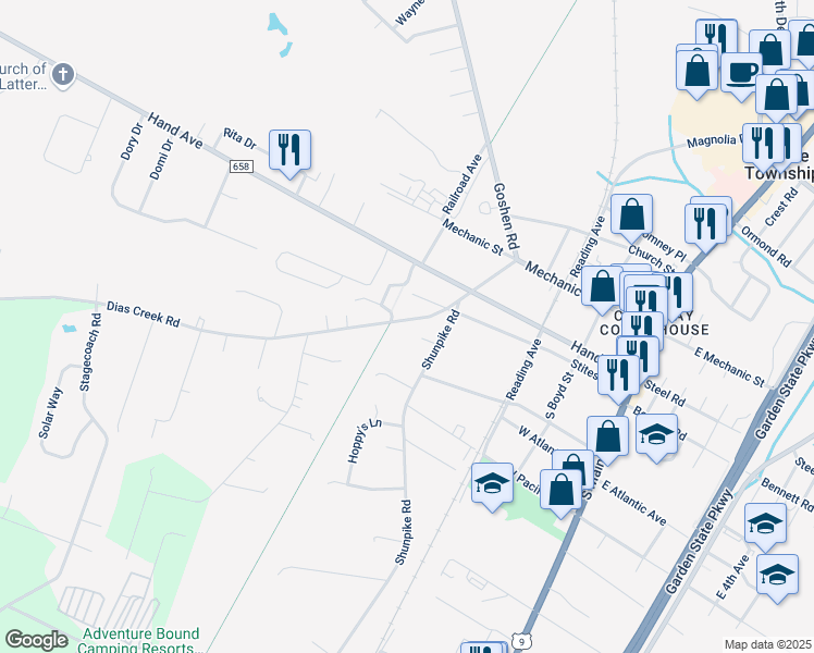 map of restaurants, bars, coffee shops, grocery stores, and more near 208 Dias Creek Road in Cape May County