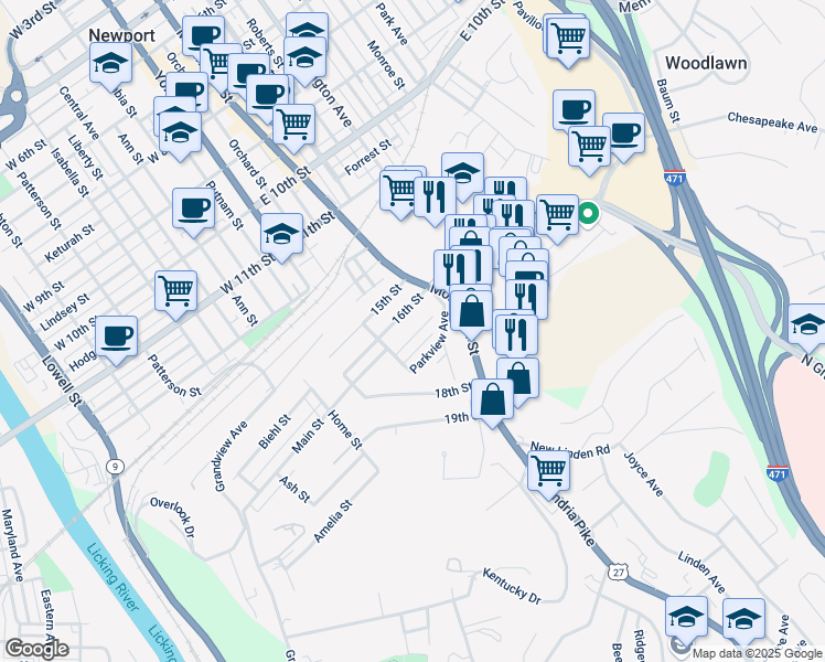 map of restaurants, bars, coffee shops, grocery stores, and more near 30 17th Street in Newport