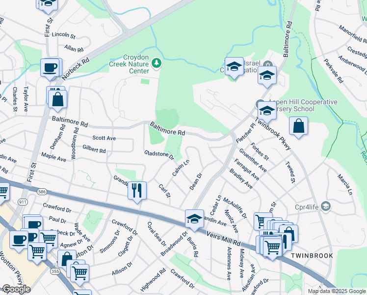 map of restaurants, bars, coffee shops, grocery stores, and more near 516 Calvin Lane in Rockville