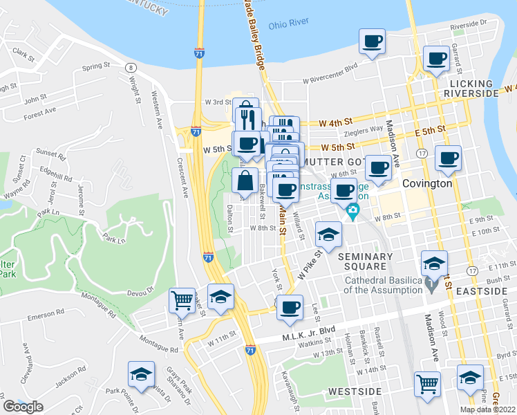 map of restaurants, bars, coffee shops, grocery stores, and more near 701 Bakewell Street in Covington