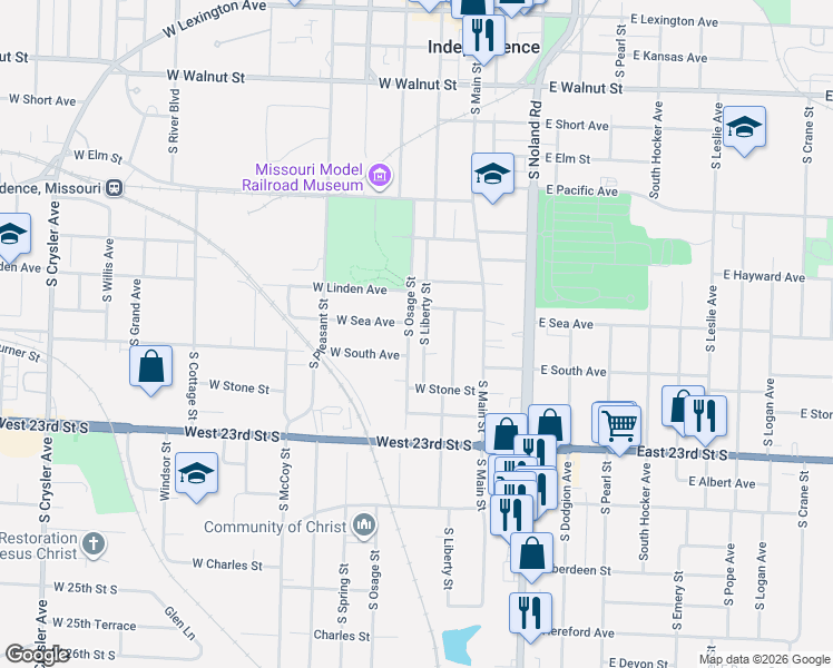 map of restaurants, bars, coffee shops, grocery stores, and more near 917 South Liberty Street in Independence