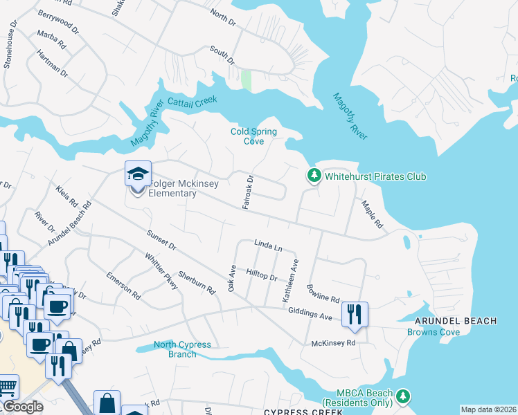 map of restaurants, bars, coffee shops, grocery stores, and more near 272 Arundel Beach Road in Severna Park