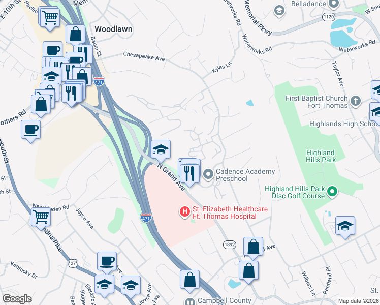 map of restaurants, bars, coffee shops, grocery stores, and more near 70 Picketts Charge Street in Fort Thomas