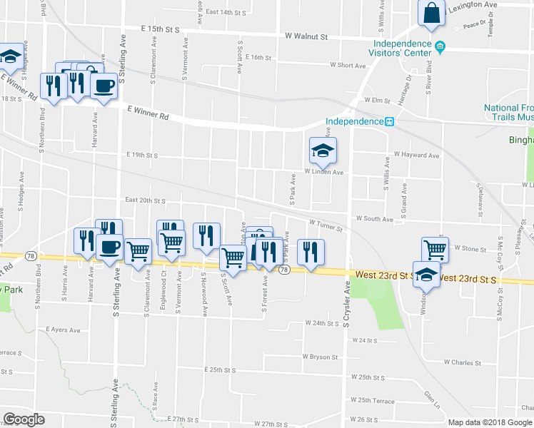 map of restaurants, bars, coffee shops, grocery stores, and more near 11718 East 21st Street Court South in Independence