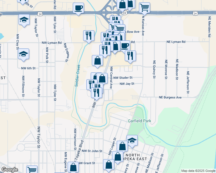 map of restaurants, bars, coffee shops, grocery stores, and more near 1904 Northwest Central Avenue in Topeka