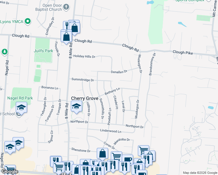 map of restaurants, bars, coffee shops, grocery stores, and more near 1729 Citadel Place in Cincinnati