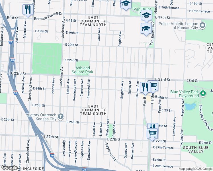 map of restaurants, bars, coffee shops, grocery stores, and more near 2336 Chelsea Avenue in Kansas City