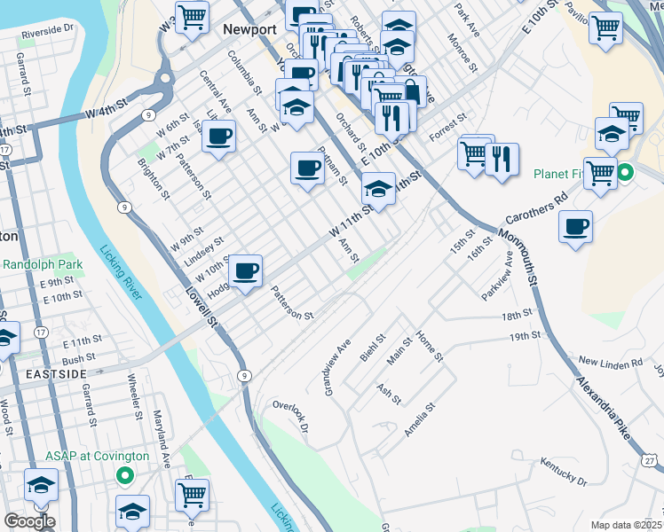 map of restaurants, bars, coffee shops, grocery stores, and more near 1134 Central Avenue in Newport