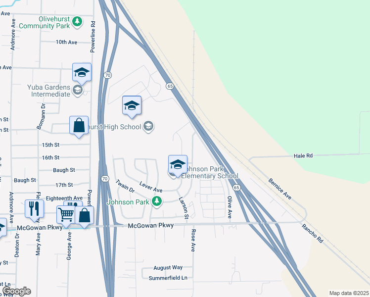map of restaurants, bars, coffee shops, grocery stores, and more near 4423 Lever Avenue in Olivehurst