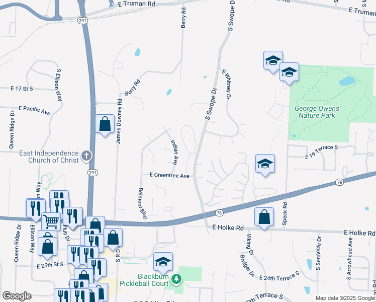map of restaurants, bars, coffee shops, grocery stores, and more near 1879 South Brookstone Village Court in Independence