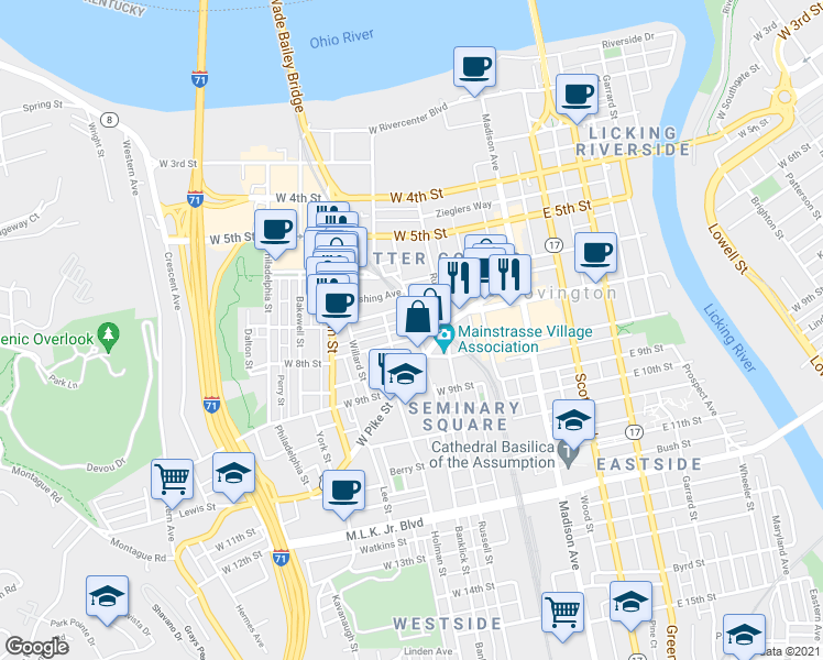 map of restaurants, bars, coffee shops, grocery stores, and more near 717 Craig Street in Covington