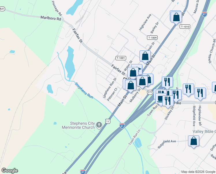 map of restaurants, bars, coffee shops, grocery stores, and more near 208 Stephens Run Street in Stephens City