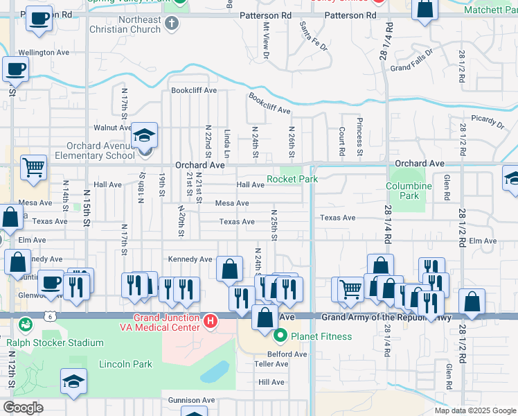 map of restaurants, bars, coffee shops, grocery stores, and more near 2405 Mesa Avenue in Grand Junction