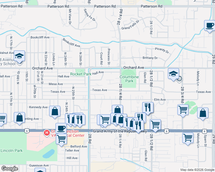 map of restaurants, bars, coffee shops, grocery stores, and more near 2813 Columbine Park Court in Grand Junction