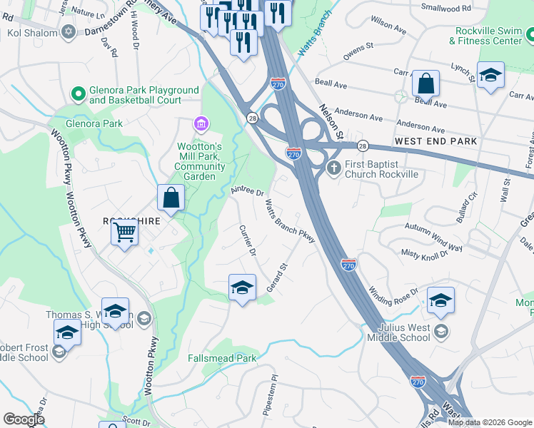 map of restaurants, bars, coffee shops, grocery stores, and more near 207 Watts Branch Parkway in Rockville