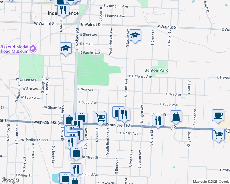 map of restaurants, bars, coffee shops, grocery stores, and more near 900 South Emery Street in Independence