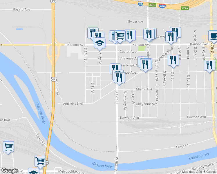 map of restaurants, bars, coffee shops, grocery stores, and more near 1231 Pennsylvania Avenue in Kansas City