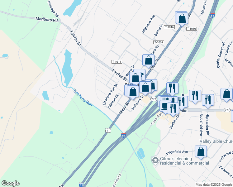 map of restaurants, bars, coffee shops, grocery stores, and more near 157 Pittman Court in Stephens City