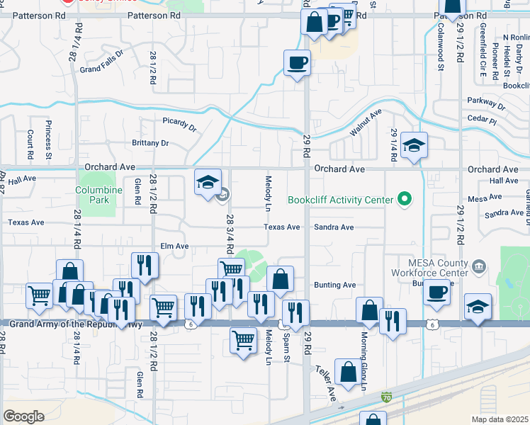 map of restaurants, bars, coffee shops, grocery stores, and more near 537 Melody Lane in Grand Junction