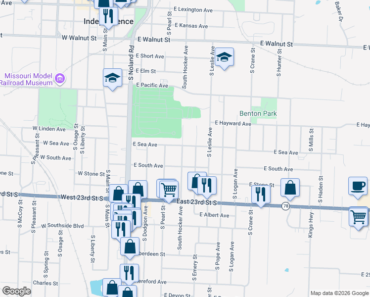 map of restaurants, bars, coffee shops, grocery stores, and more near 901 South Hocker Avenue in Independence