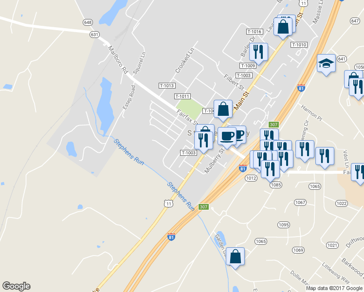 map of restaurants, bars, coffee shops, grocery stores, and more near 157 Pittman Court in Stephens City