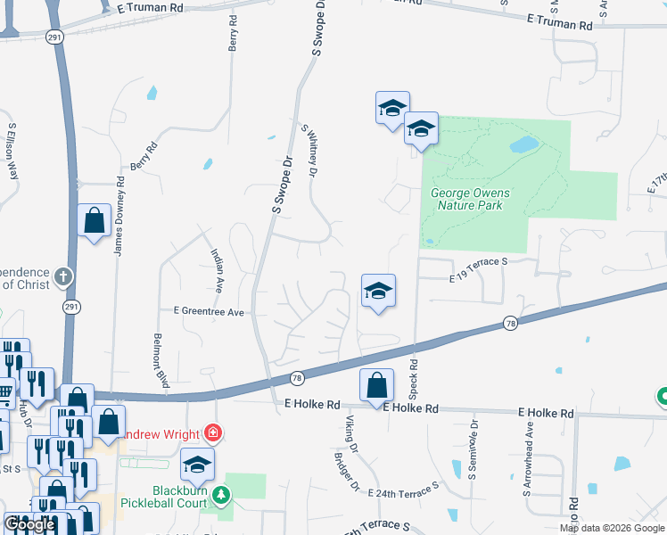 map of restaurants, bars, coffee shops, grocery stores, and more near 1739 Covingtree Bend Street in Independence