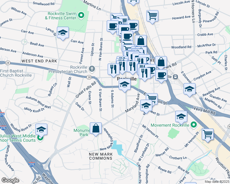 map of restaurants, bars, coffee shops, grocery stores, and more near 106 South Adams Street in Rockville