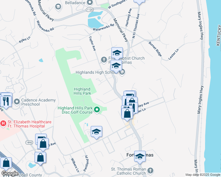 map of restaurants, bars, coffee shops, grocery stores, and more near 303 North Fort Thomas Avenue in Fort Thomas