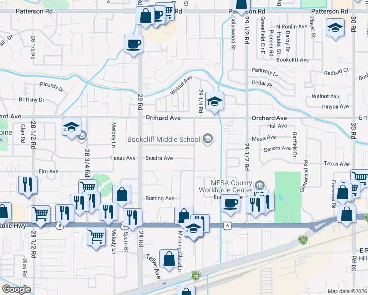 map of restaurants, bars, coffee shops, grocery stores, and more near 2915 1/2 Formay Avenue in Grand Junction